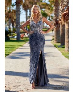 Abendkleid mit Federn, vintage indigo
