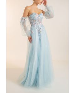 Abendkleid mit Blütenapplikationen, blue aura