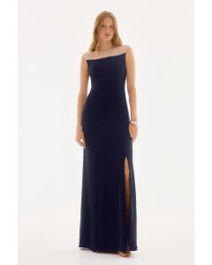 Abendkleid mit Perlen, mitternachtsblau/nude