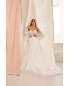 Brautkleid mit T&uuml;llrock und Puff&auml;rmel, ivory/nude