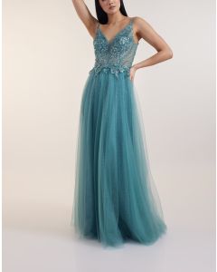 Abendkleid mit 3D-Blüten, atlantic green