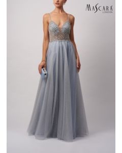 Abendkleid mit Glitzertüll, misty blue