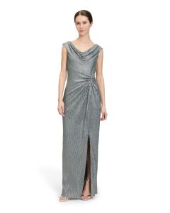 Abendkleid mit Wasserfallausschnitt, green/grey