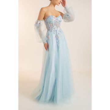 Abendkleid mit Blütenapplikationen, blue aura