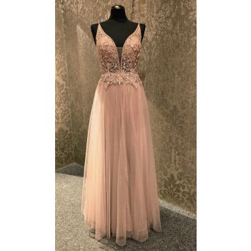 Abendkleid mit 3D-Blüten, golden sand