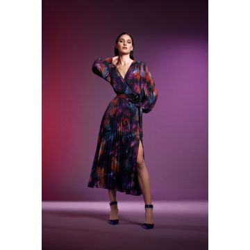 Plisseekleid 3/4, schwarz/plum/multi
