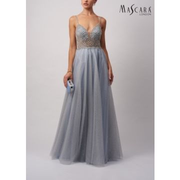 Abendkleid mit Glitzertüll, misty blue