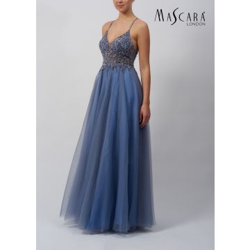 Abendkleid mit Glitzertüll, steele blue
