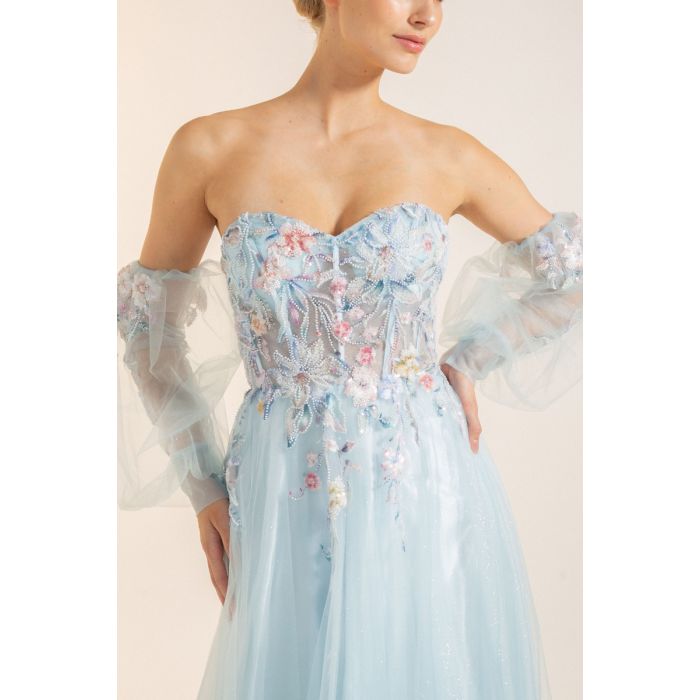 Abendkleid mit Blütenapplikationen, blue aura