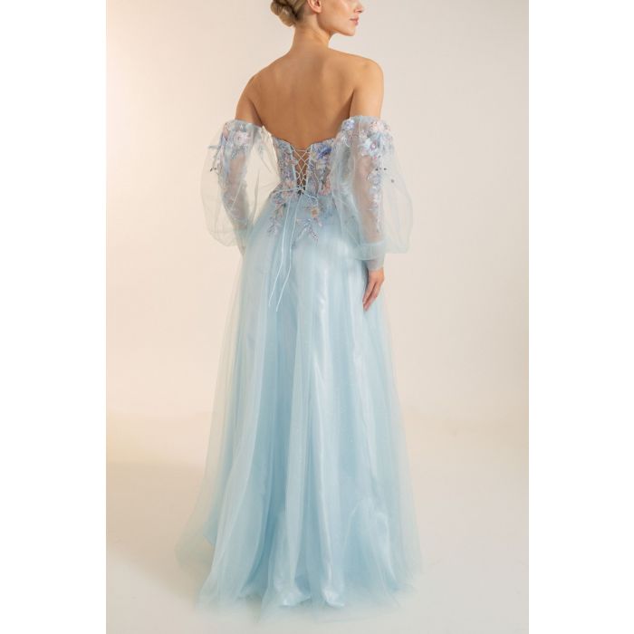 Abendkleid mit Blütenapplikationen, blue aura