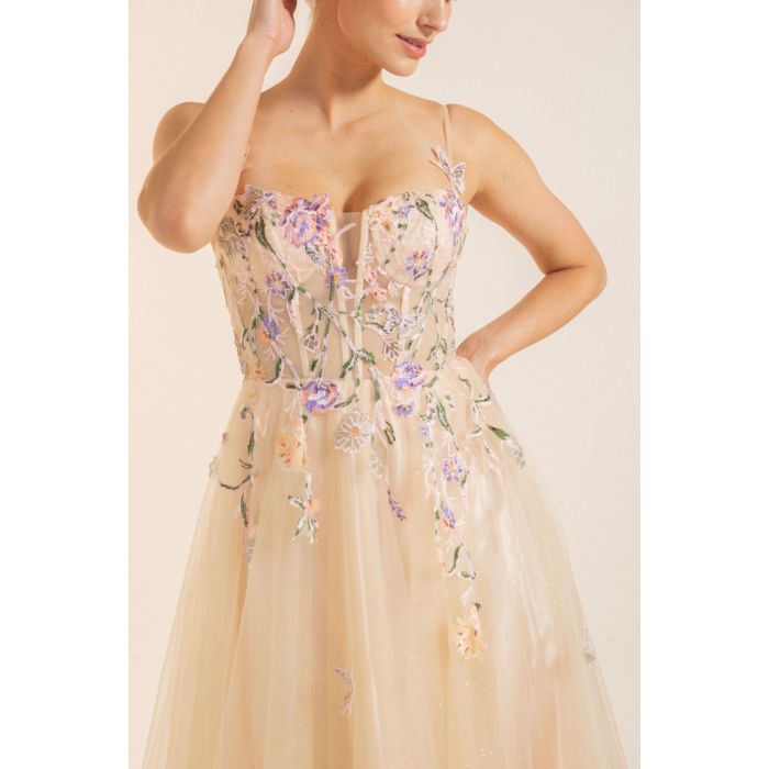Abendkleid mit Blumen, deep champagne