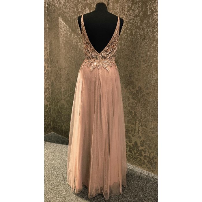 Abendkleid mit 3D-Blüten, golden sand