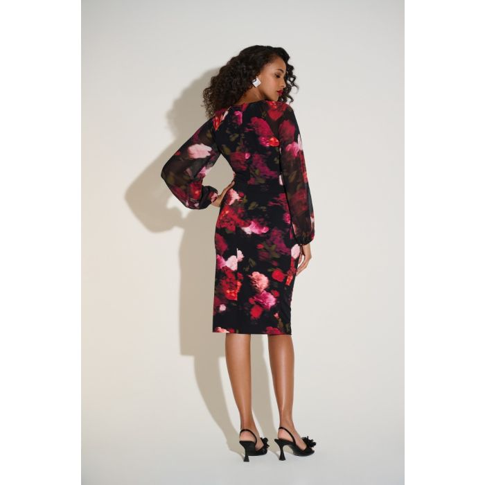 Kleid mit Chiffonärmel, black/red/multi