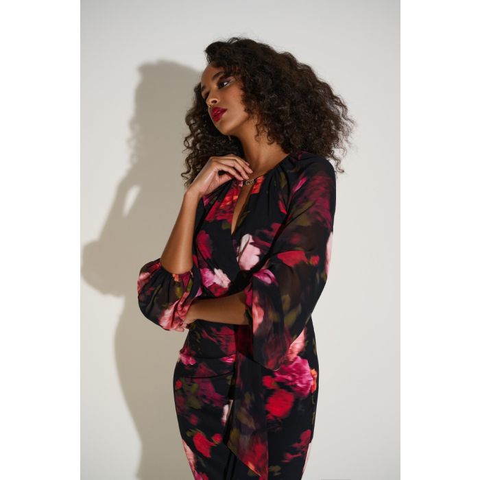 Kleid mit Chiffonärmel, black/red/multi