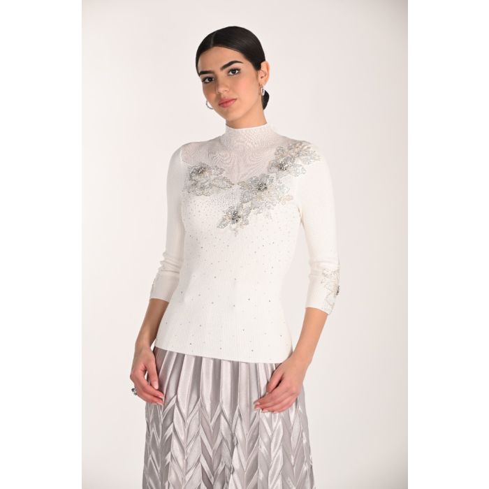 Da-Pullover mit Strass, porcelain