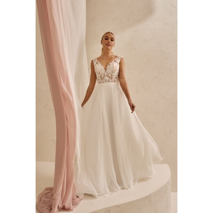 Brautkleid mit Chiffonrock und transparentem Oberteil, ivory