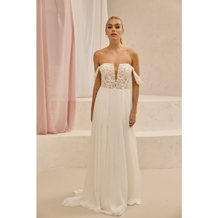 Brautkleid mit Chiffonrock und Schlitz, ivory