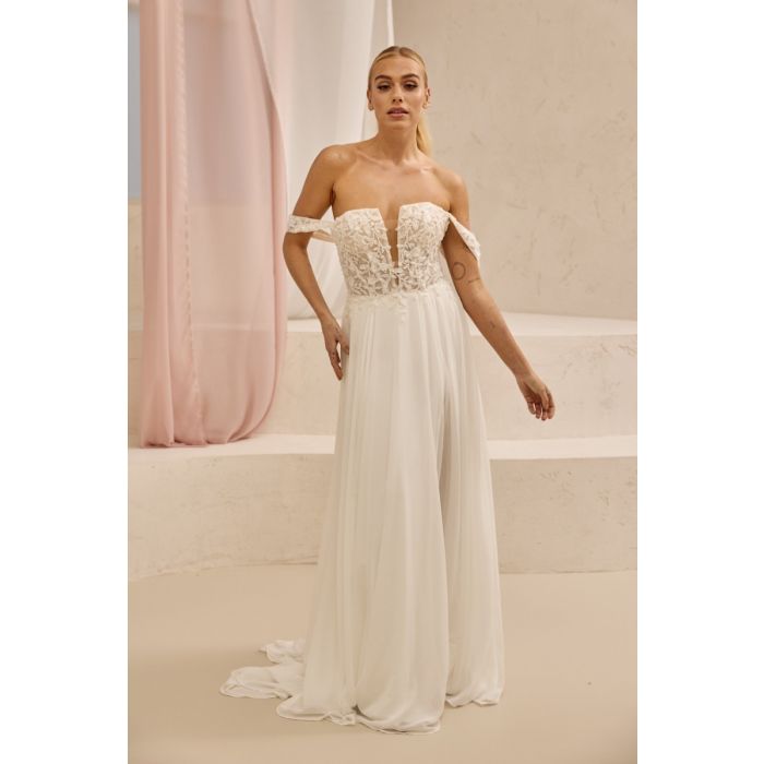 Brautkleid mit Chiffonrock und Schlitz, ivory
