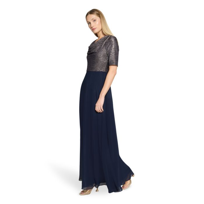 Abendkleid mit Wasserfallausschnitt, dark blue/silver